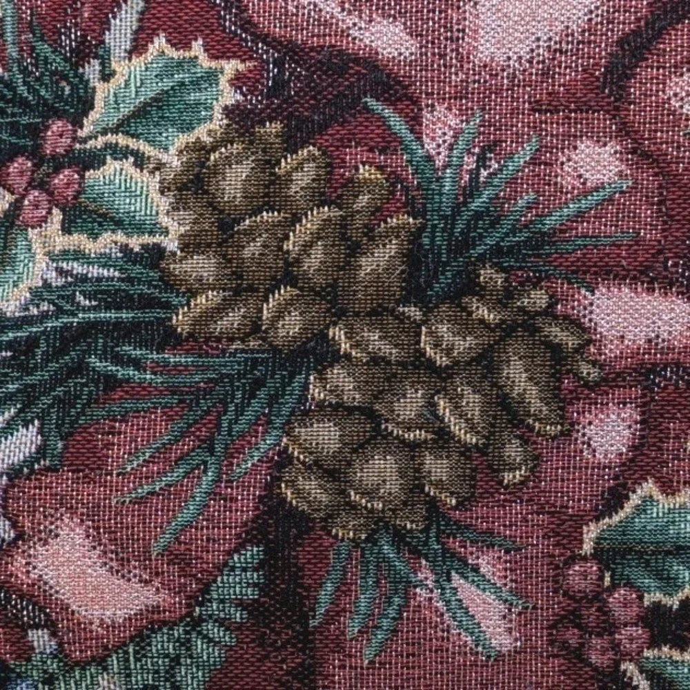 Vintage Christmas Tapestry Throw Pillow Pinecones Red Ribbon Gold Sparkles 16x16